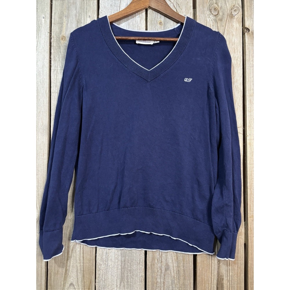 Vineyard Vines Navy Blue V-Neck Sweater with White Trim